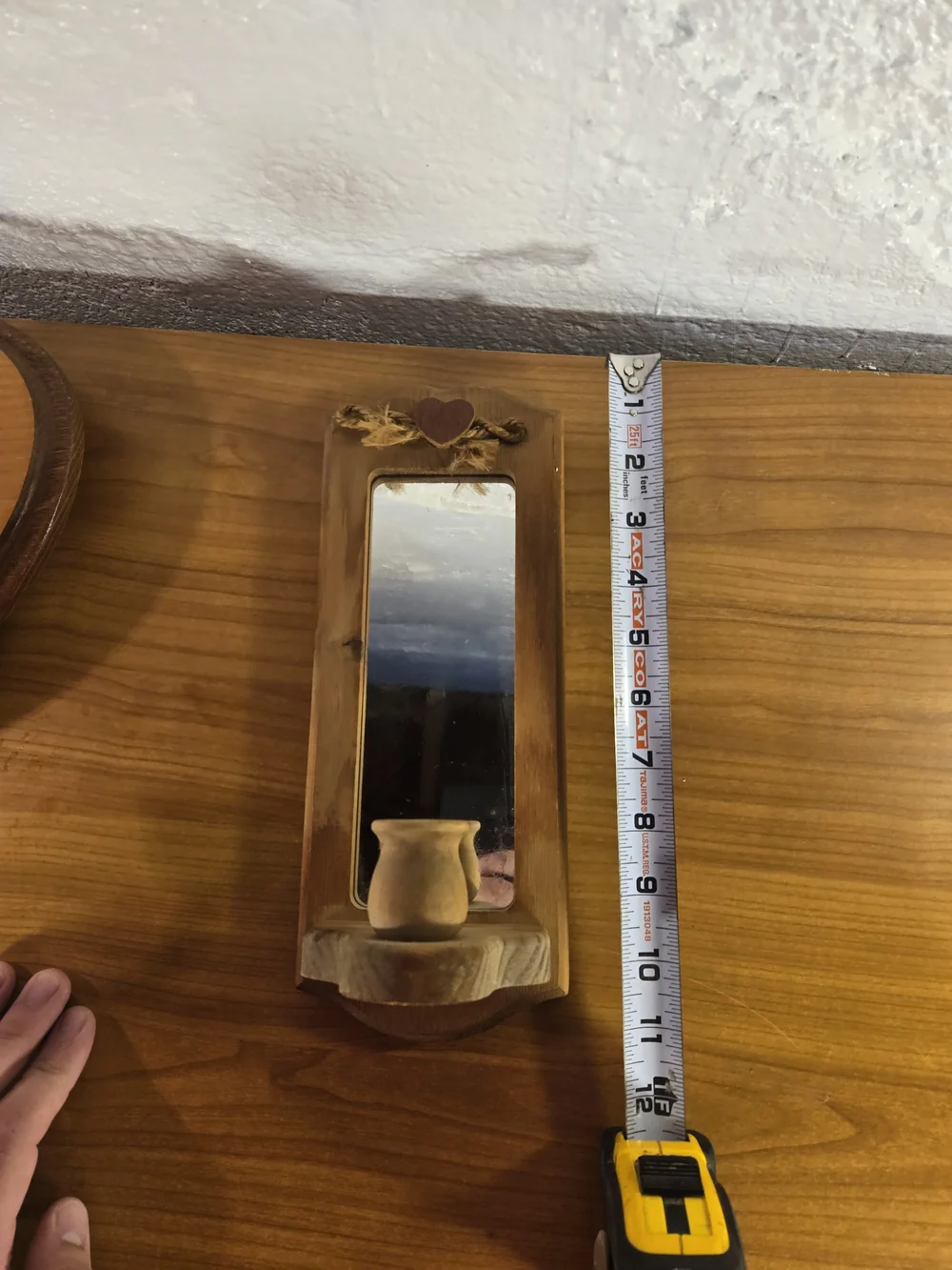 Vintage Wood Wall Sconce Taper Candle Holder with Mirror Heart String Accent